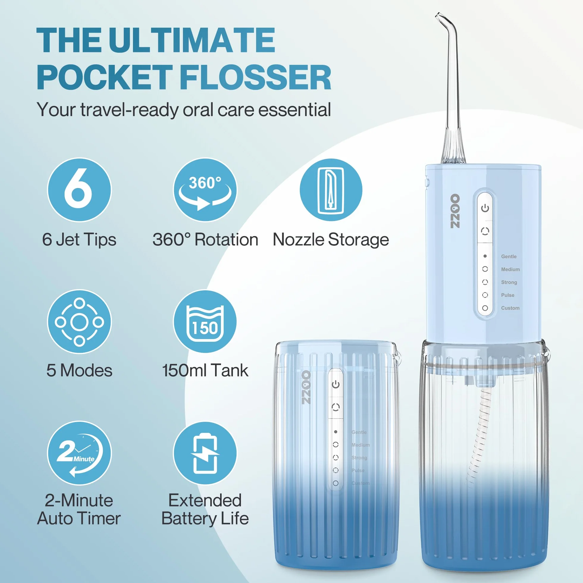OOZZ Irrigador Bucal de Viaje Inalámbrico 5 Modos 6 Puntas Recargable USB Azul Degradado
