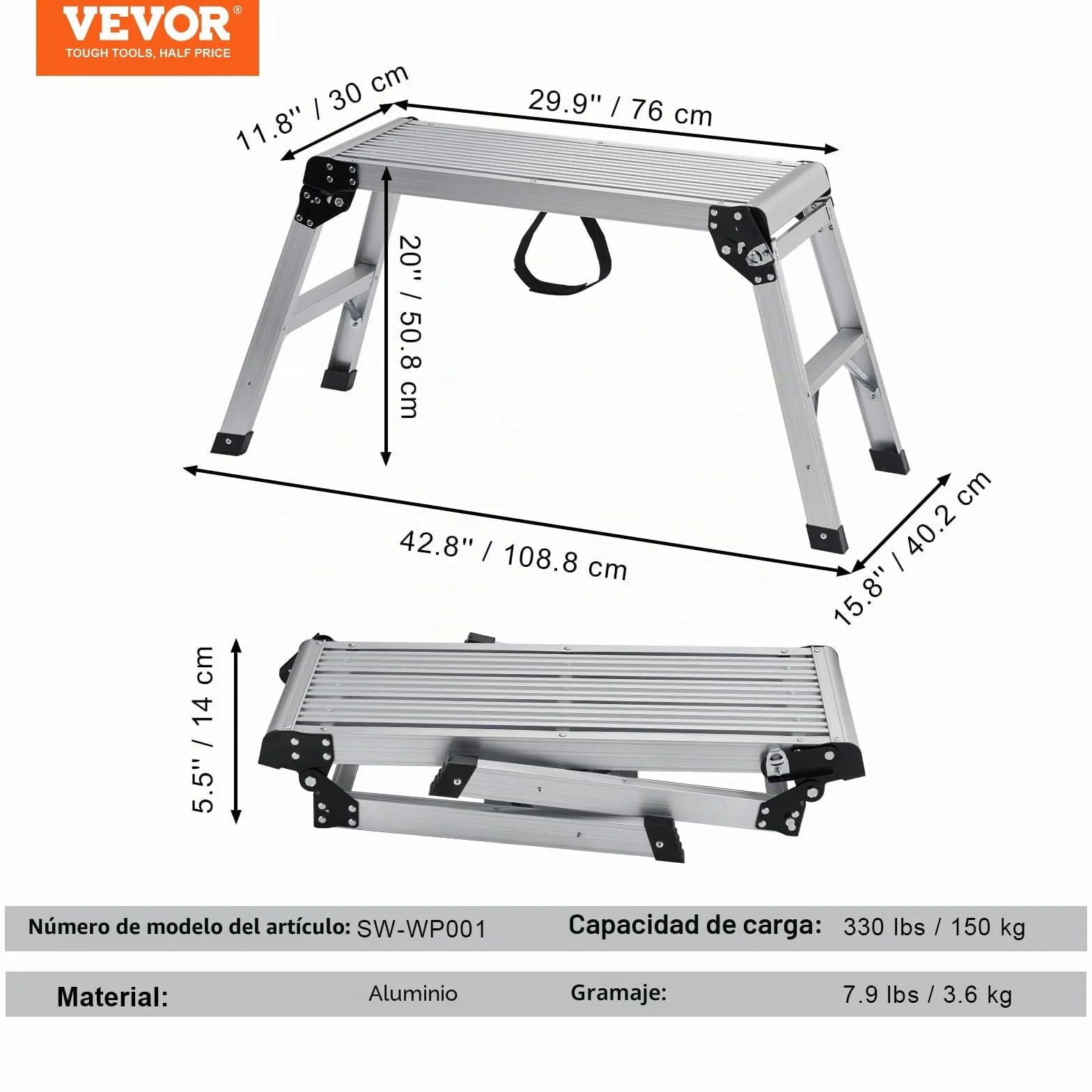 VEVOR Plataforma de Trabajo Plegable 150 kg 76 x 30 x 50,8 cm Aluminio Antideslizante