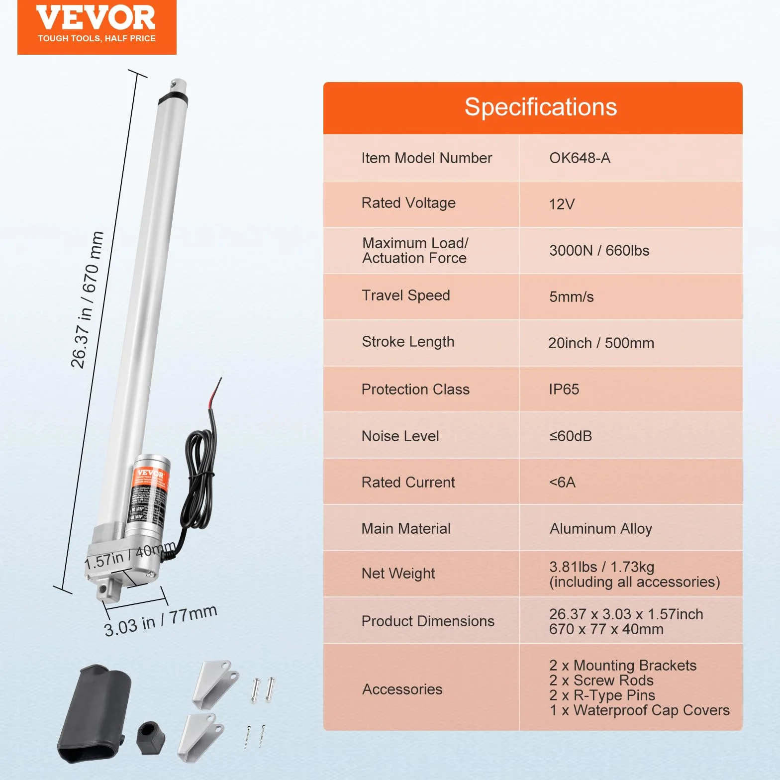 VEVOR Actuador Lineal 12V IP65 20 Pulgadas 660 Libras 3000 N 0.19 Pulgadas/s Impermeable