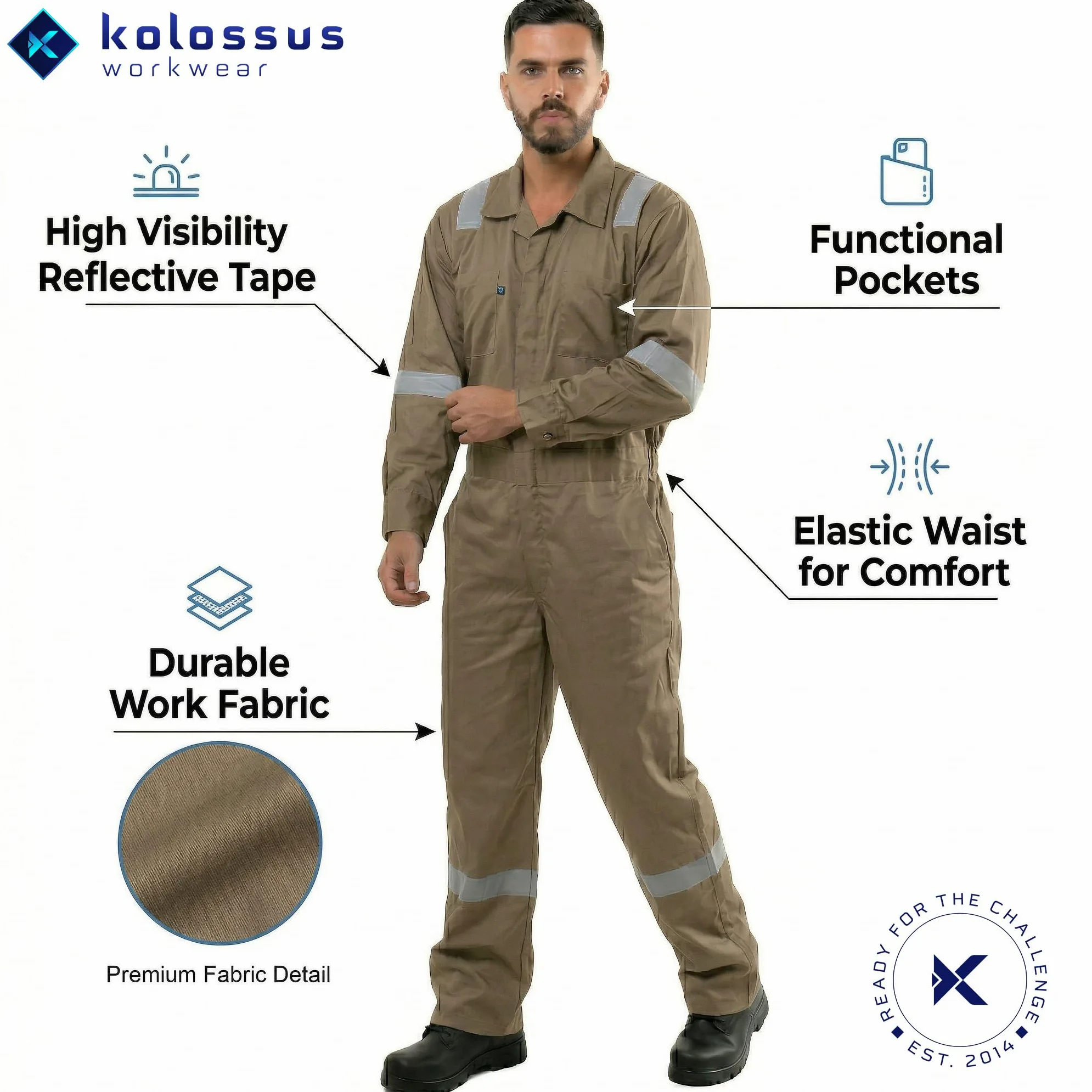 Kolossus Mono De Mezcla De Algodón De Manga Larga Pro-Deluxe Con Múltiples Bolsillos Y Cremallera Antiestática
