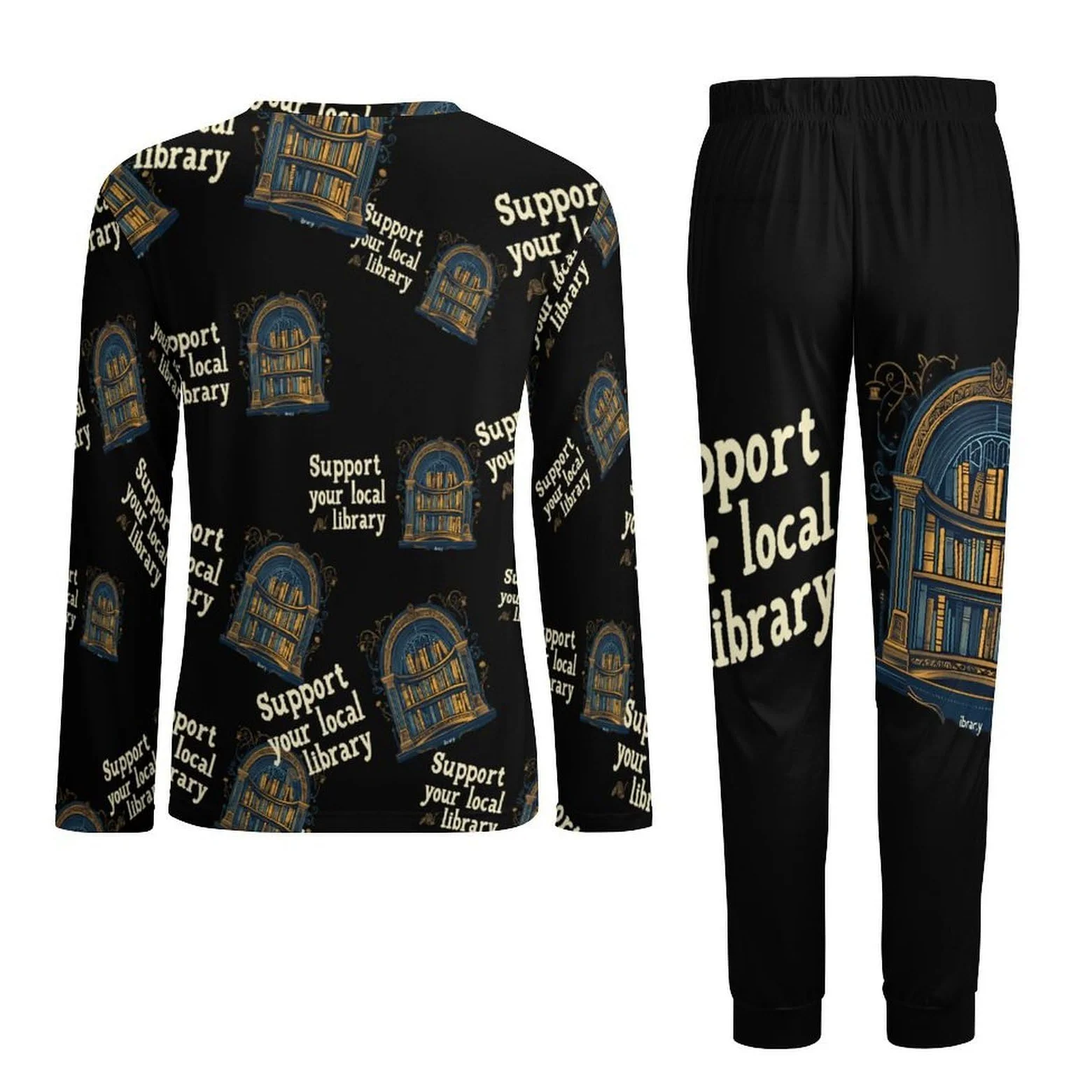 Support Your Local Library - Conjunto de pijama para hombre, cuello redondo, ropa de descanso larga, 2 piezas