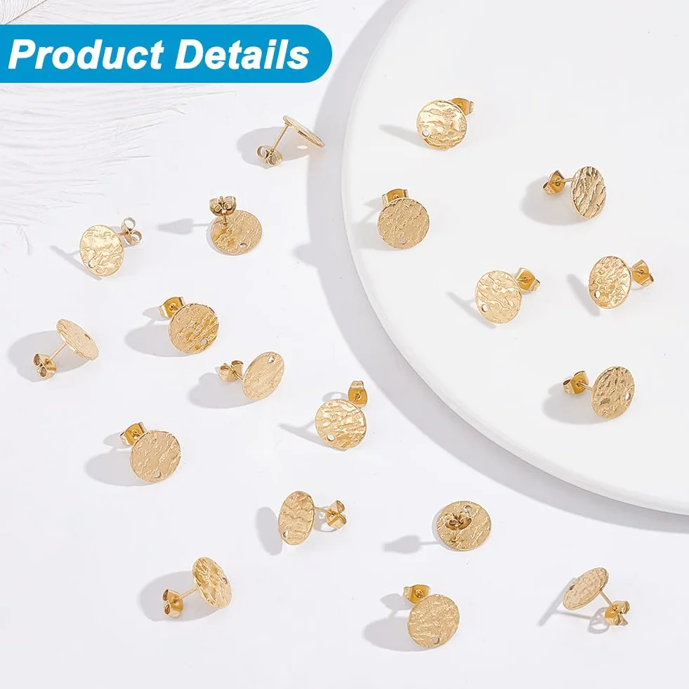 UNICRAFTALE 40 Piezas De Pendientes Con Poste De Acero Inoxidable Y Tachuelas Planas Redondas Texturizadas Doradas Con Argolla Y Agujero De 1.4mm