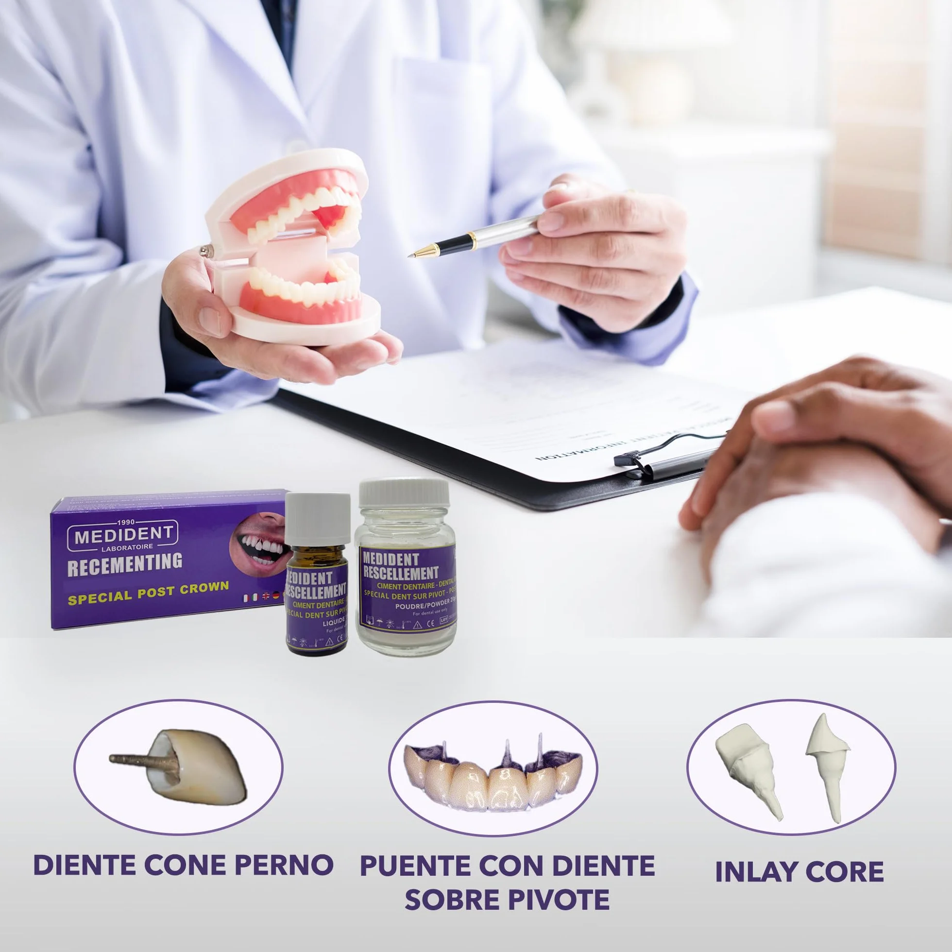 Kit de fijación especial para pegar dientes pivote, fijación extrafuerte