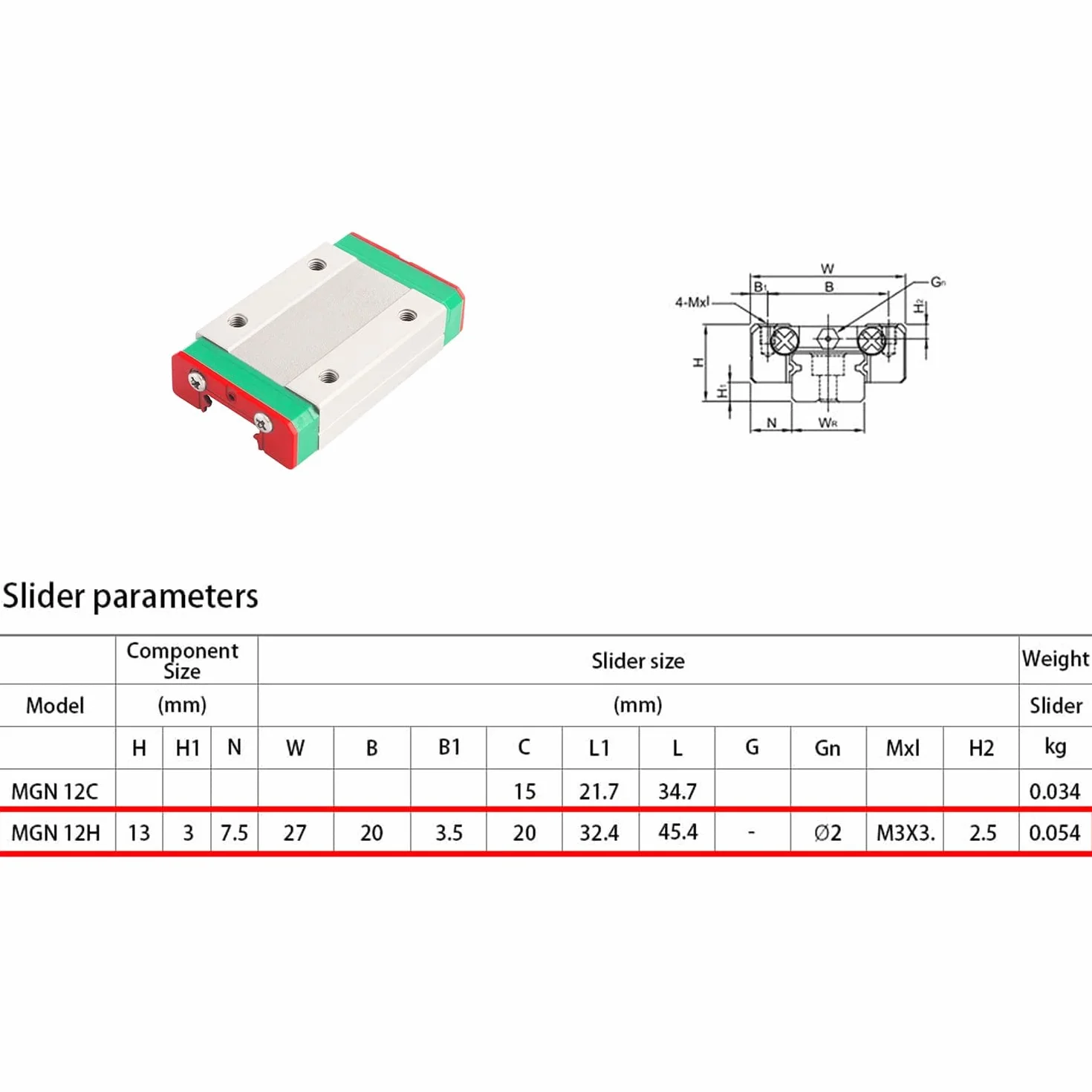 MGN12H 500MM guía lineal carril para impresora 3D CNC (2 unidades)
