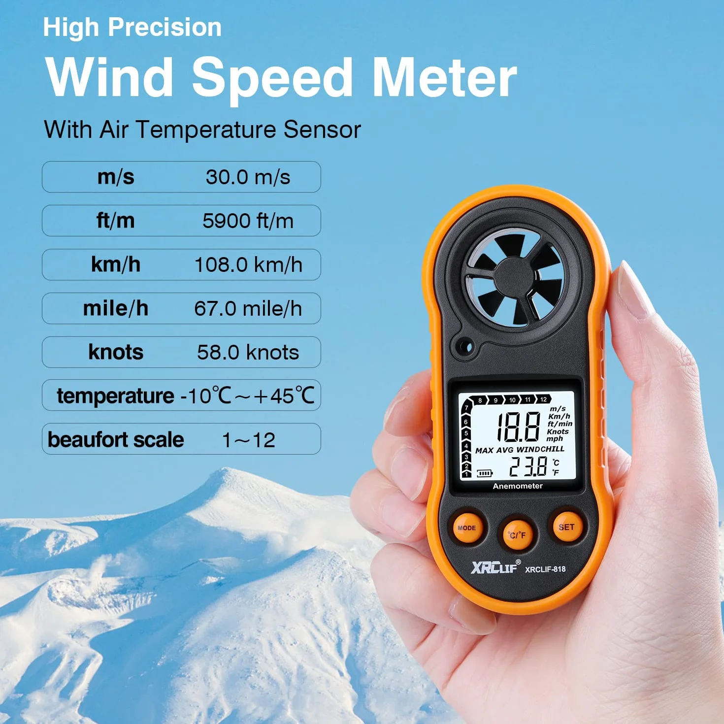 Anemómetro Digital Medidor de Velocidad del Viento XRCLIF Medidor de Flujo de Aire para Temperatura