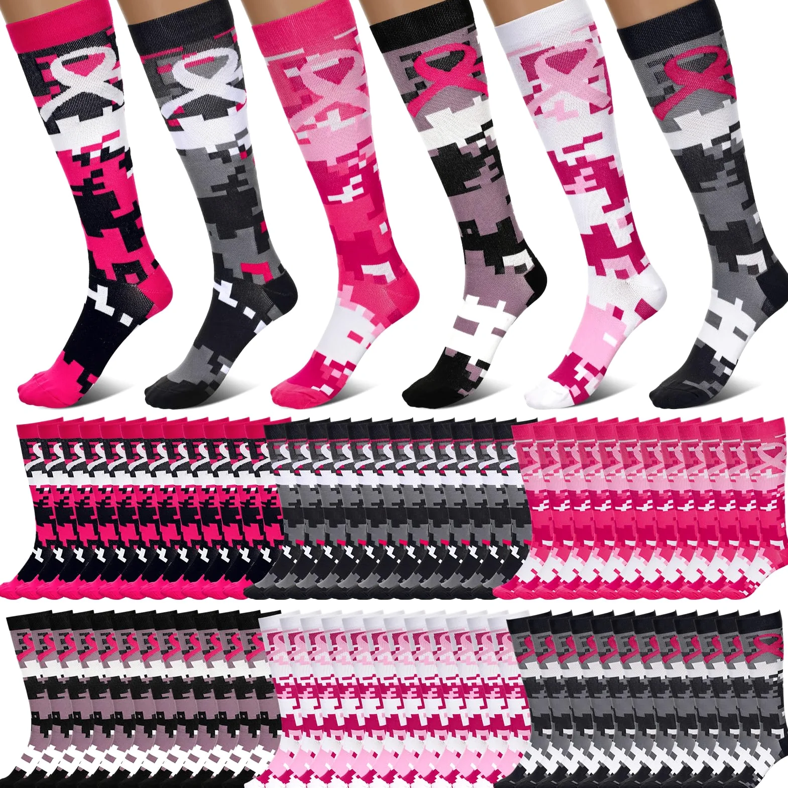 Xtinmee 36 pares de calcetines de compresión de camuflaje para el cáncer de mama con cinta rosa, calcetines atléticos sobre la pantorrilla, calcetines de fútbol para enfermeras, mujeres, correr,