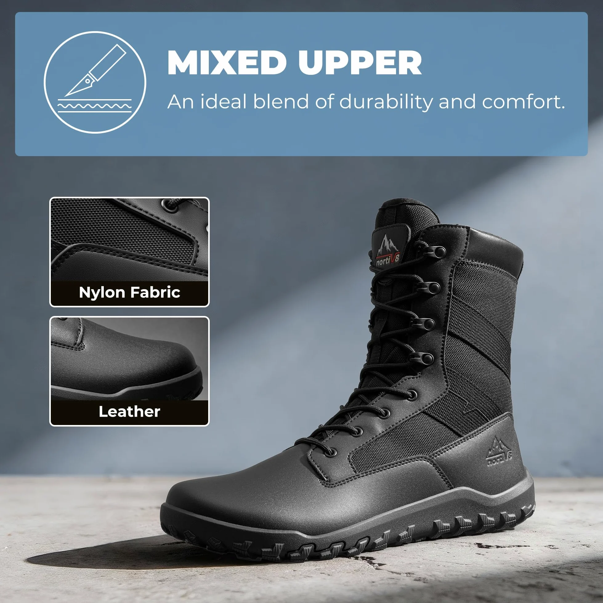 NORTIV 8 Botas tácticas militares de punta ancha para hombre, sin caída, minimalistas, de cuero, con cremallera lateral, botas de combate para motocicleta