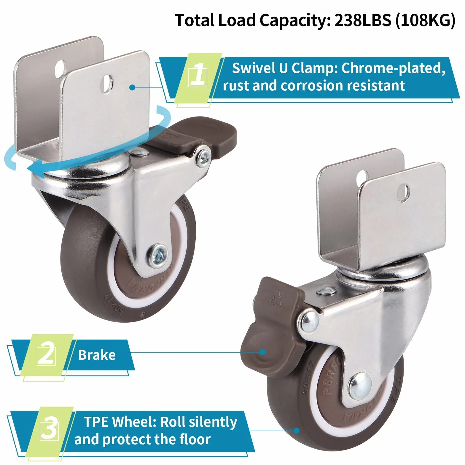 Skelang Ruedas Giratorias Tipo U 50mm con Freno de Goma para Muebles, Capacidad 27kg