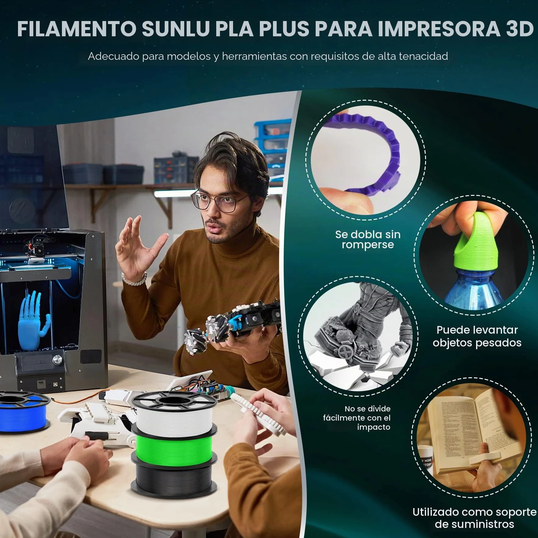 SUNLU PLA+ Filamento 1.75mm Negro 1KG para Impresoras 3D FDM