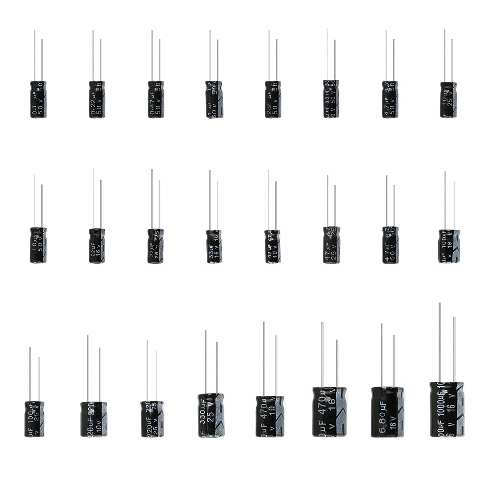 Kit Surtido Condensadores Electrolíticos 0,1uF-1000uF 10V-50V Aluminio 24 Valores