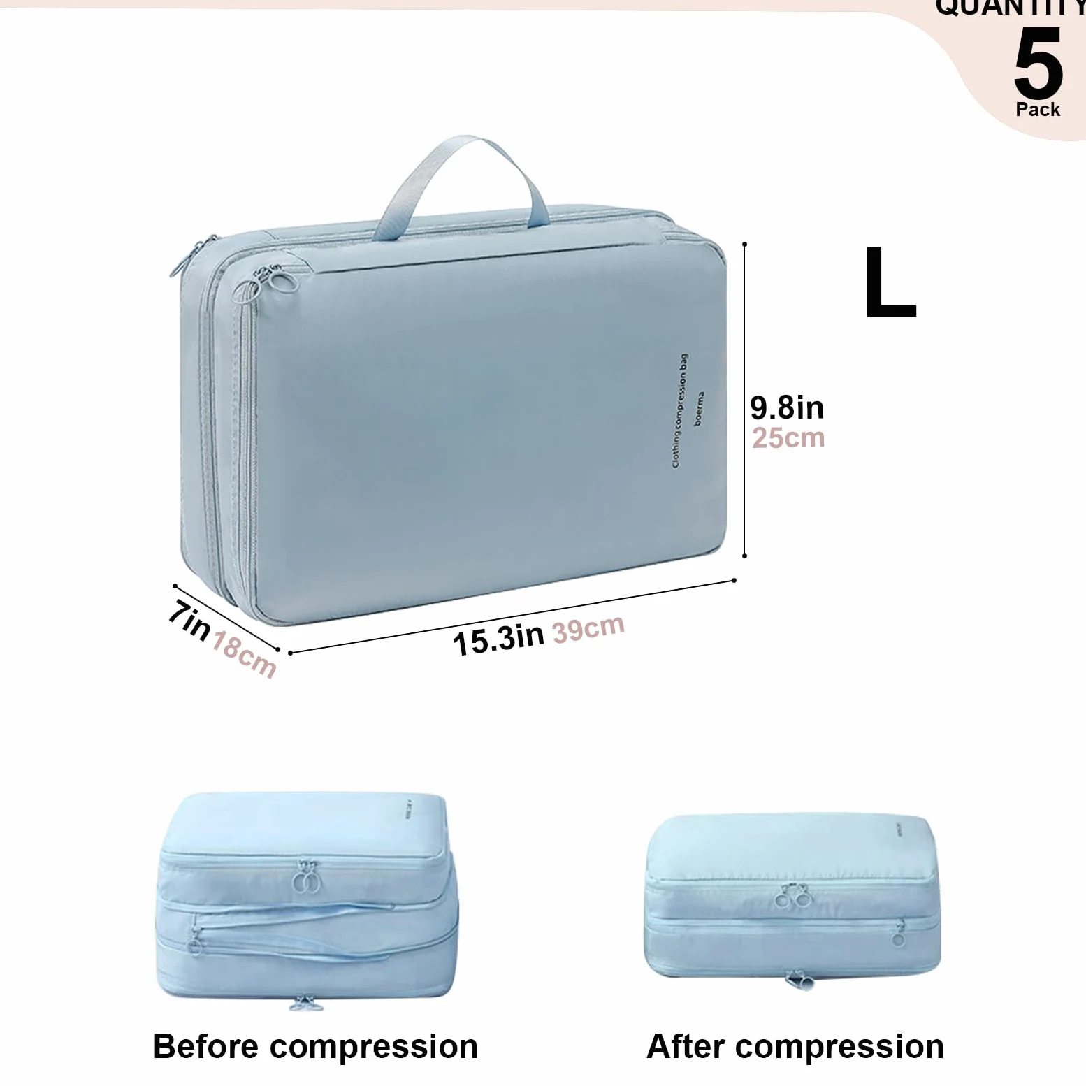 Cubos de embalaje de compresión de doble capa para viajes, bolsas organizadoras de equipaje comprimibles para maleta, bolsa de embalaje, accesorios de viaje, azul, L
