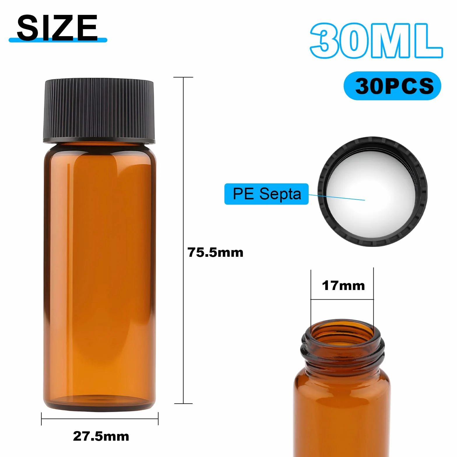 Botellas de cristal marrón 30 ml con tapón de rosca, mini botella de muestra para laboratorio