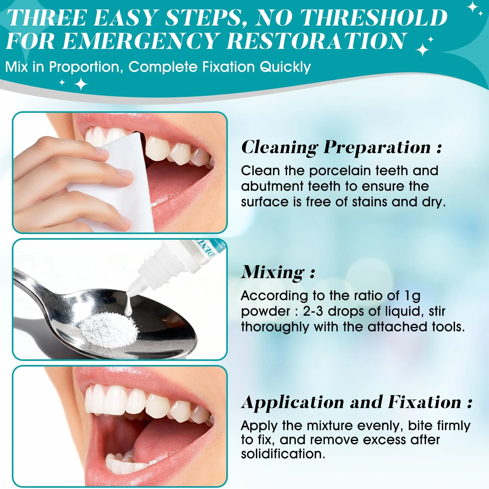 Cemento Dental Adhesivo para Caries Empastes Puentes Coronas Rellenos Secado Rápido 4 Piezas