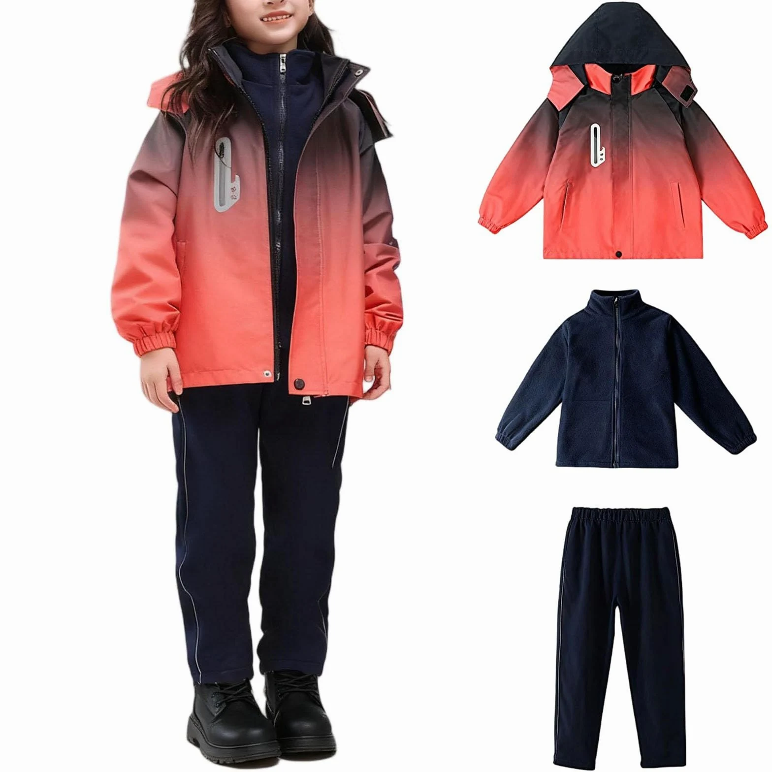 HAOLEI Chandal Niño Niña Traje de 3 Piezas para Niños y Niñas Chaqueta Impermeable con Capucha + Top Cálido de Forro Polar + Pantalones Largo a Prueba de Viento Conjunto Deportivo para Esquí Montaña