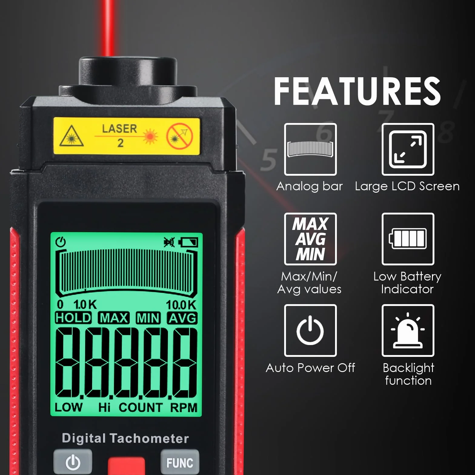 Tacómetro Digital Sin Contacto RPM 10-99999 Sensor Fotoeléctrico Láser Alta Precisión Pantalla LCD Cinta Reflectora