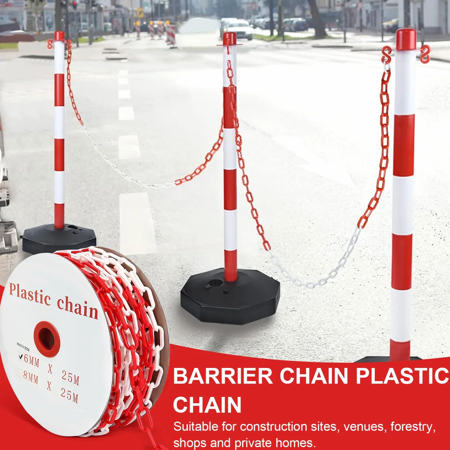 Cadena de seguridad roja y blanca 25 m 6 mm plástico con 4 mosquetones