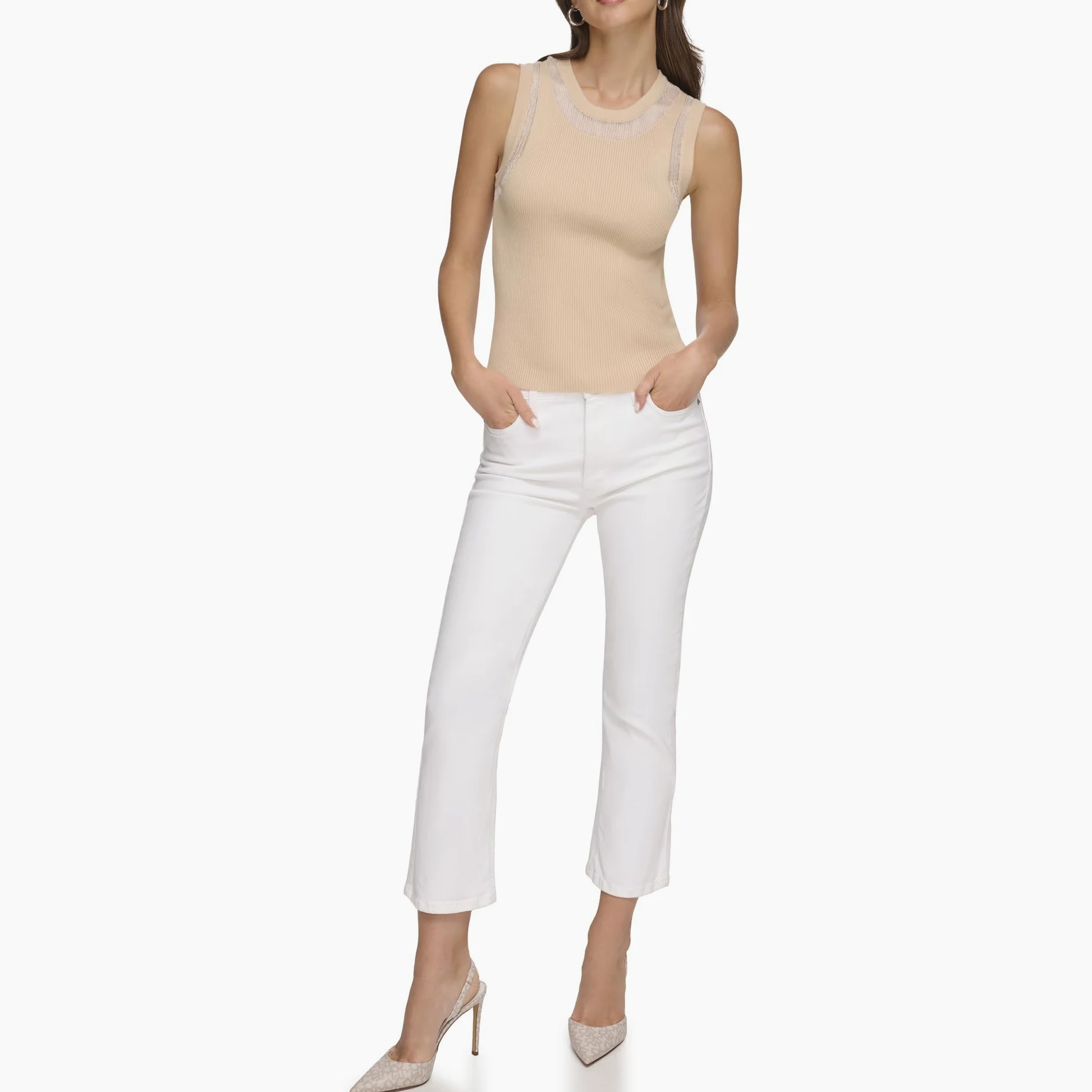 DKNY Top de Punto Sin Mangas de Malla Chaleco de Moda para Mujer