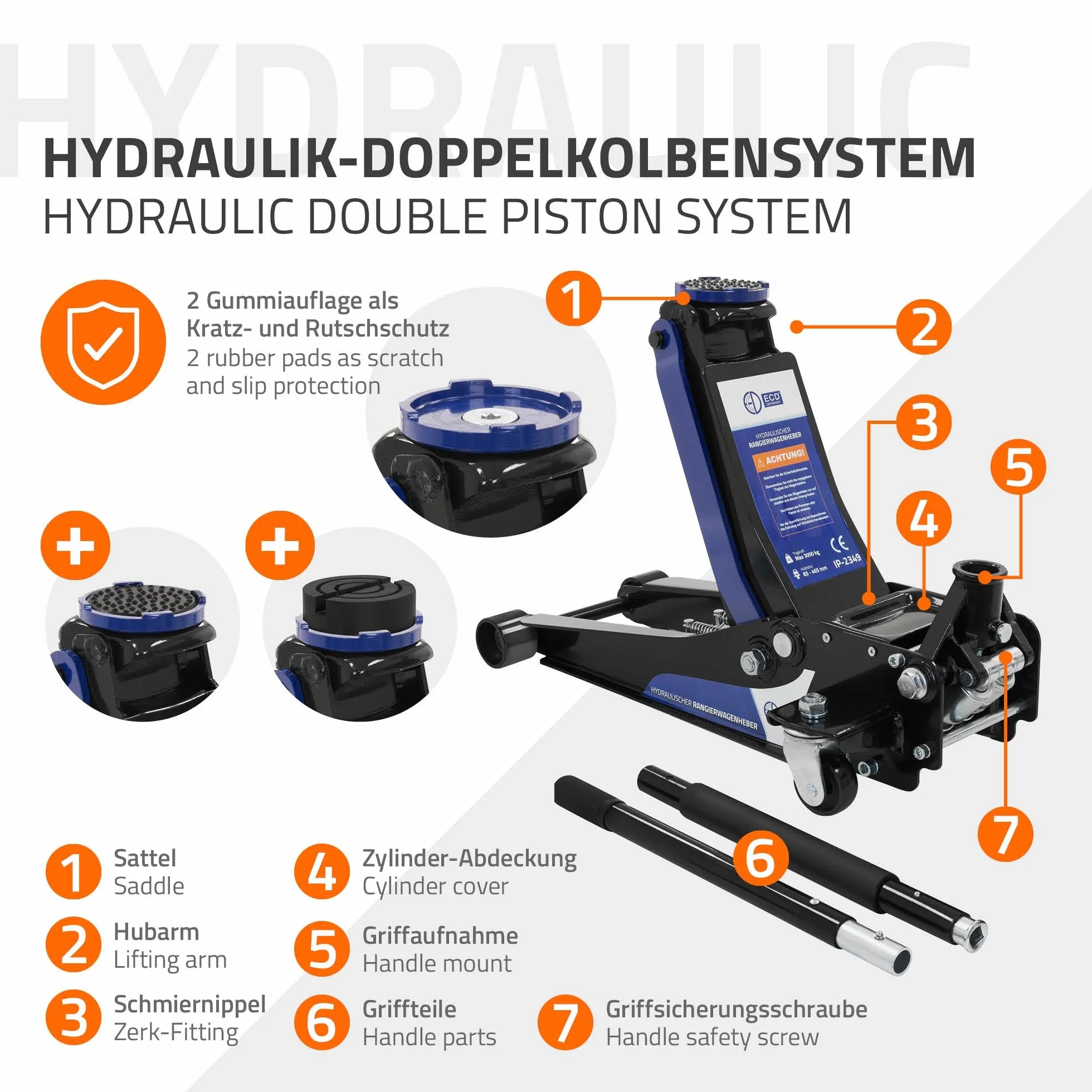 ECD Germany Gato Hidráulico 3T 83-465 mm Elevación Plana con Almohadillas de Goma y Rodillos 360°
