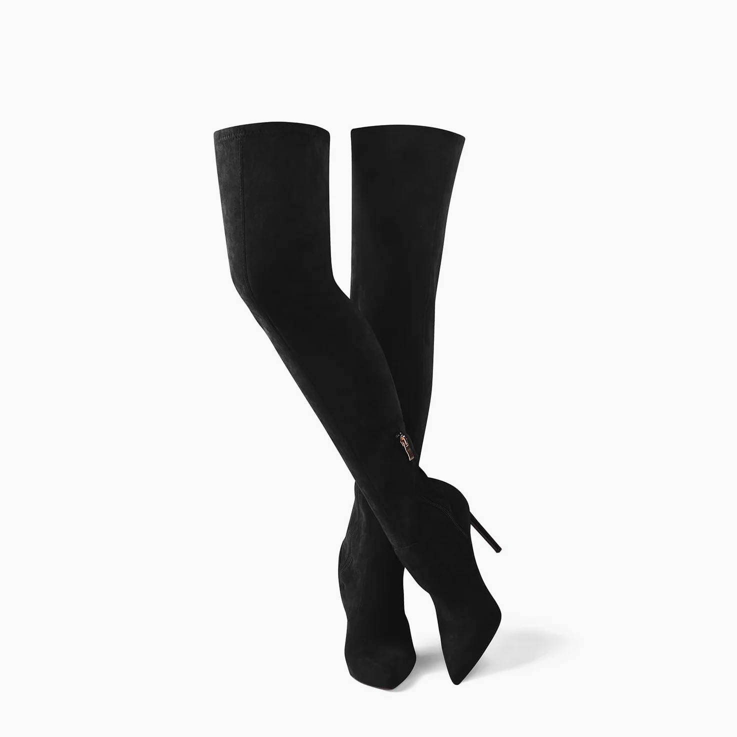GENSHUO Botas por encima de la rodilla para mujer con tacón de gamuza, botas altas hasta el muslo, elásticas, sexy, puntiagudas, botas largas de aguja, Negro -, 43 EU