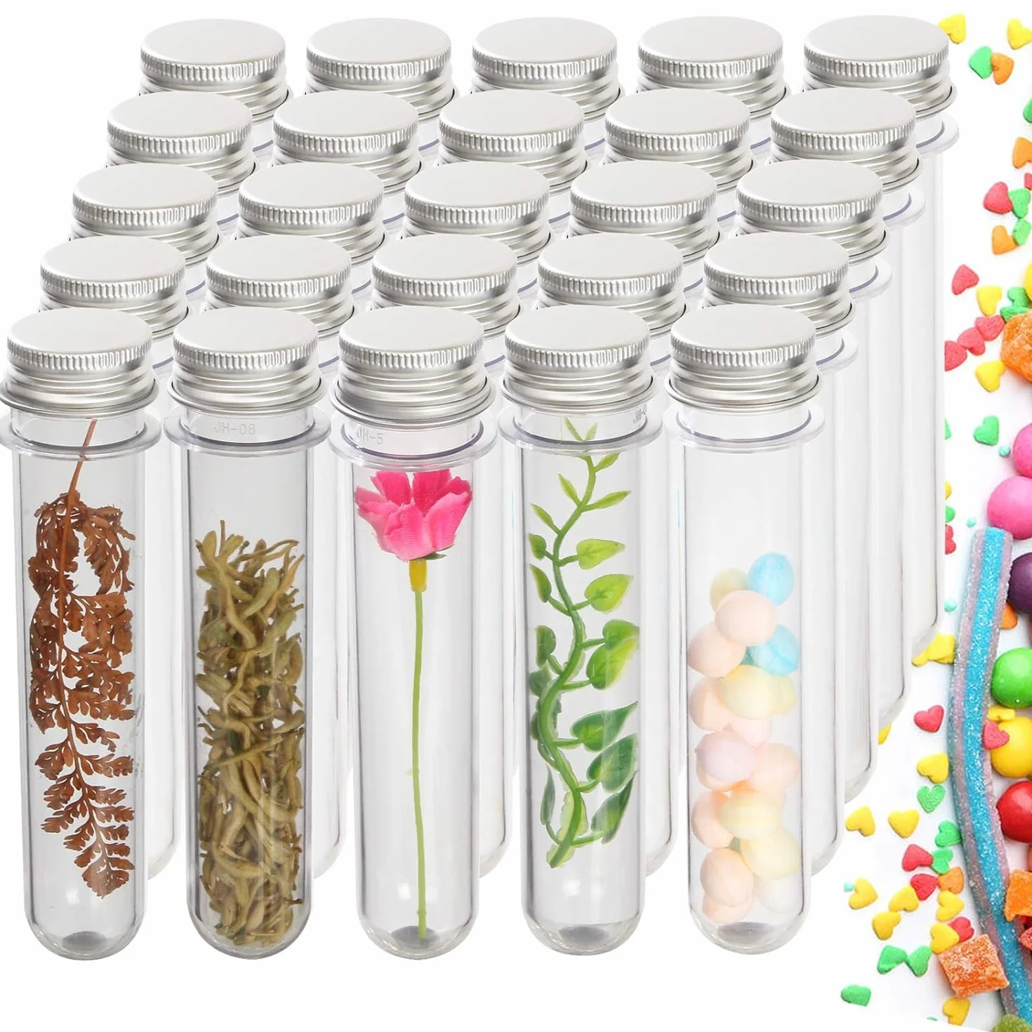 KAHEIGN 60 Piezas Tubos de Ensayo de Plástico 45ml con Gorras Transparentes para Especias Dulces