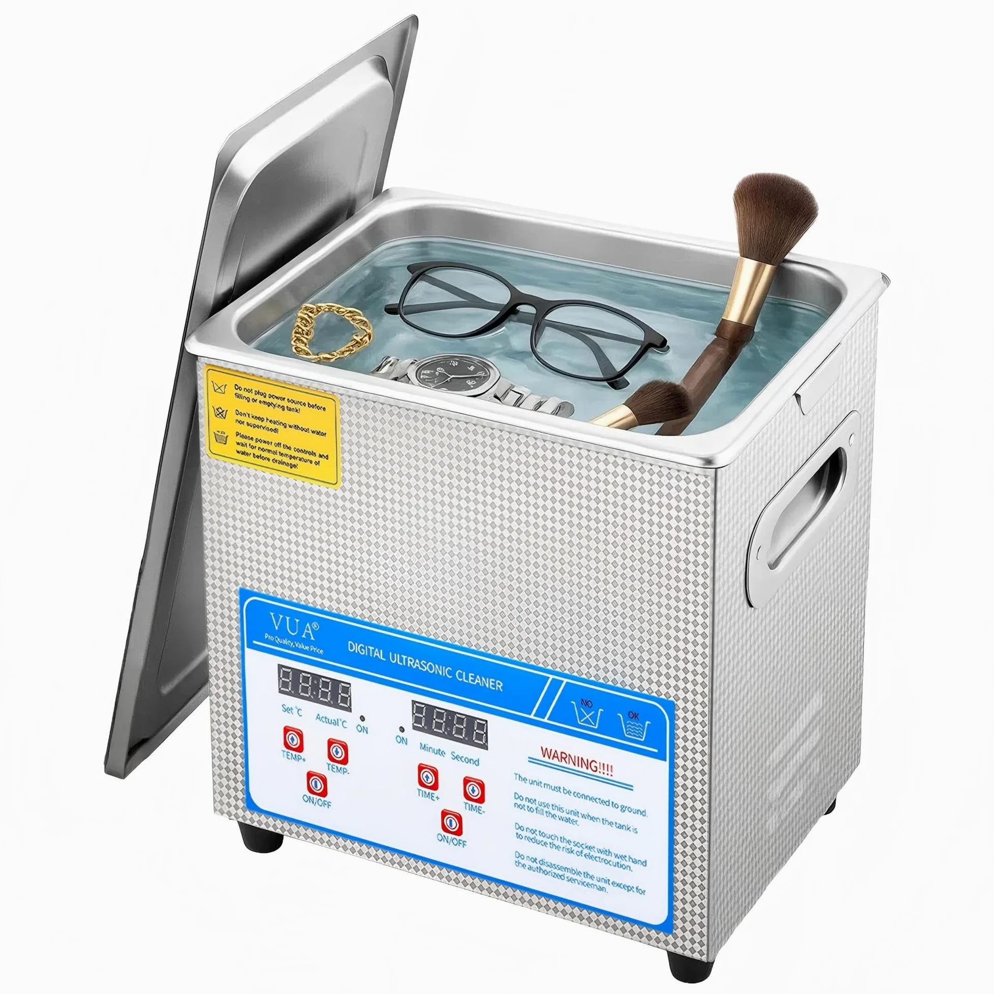 VUA Limpiador ultrasónico de 3 litros con temporizador digital y calefacción, limpiador ultrasónico profesional, limpiador con calefacción para gafas, relojes, dentaduras postizas, 120 W