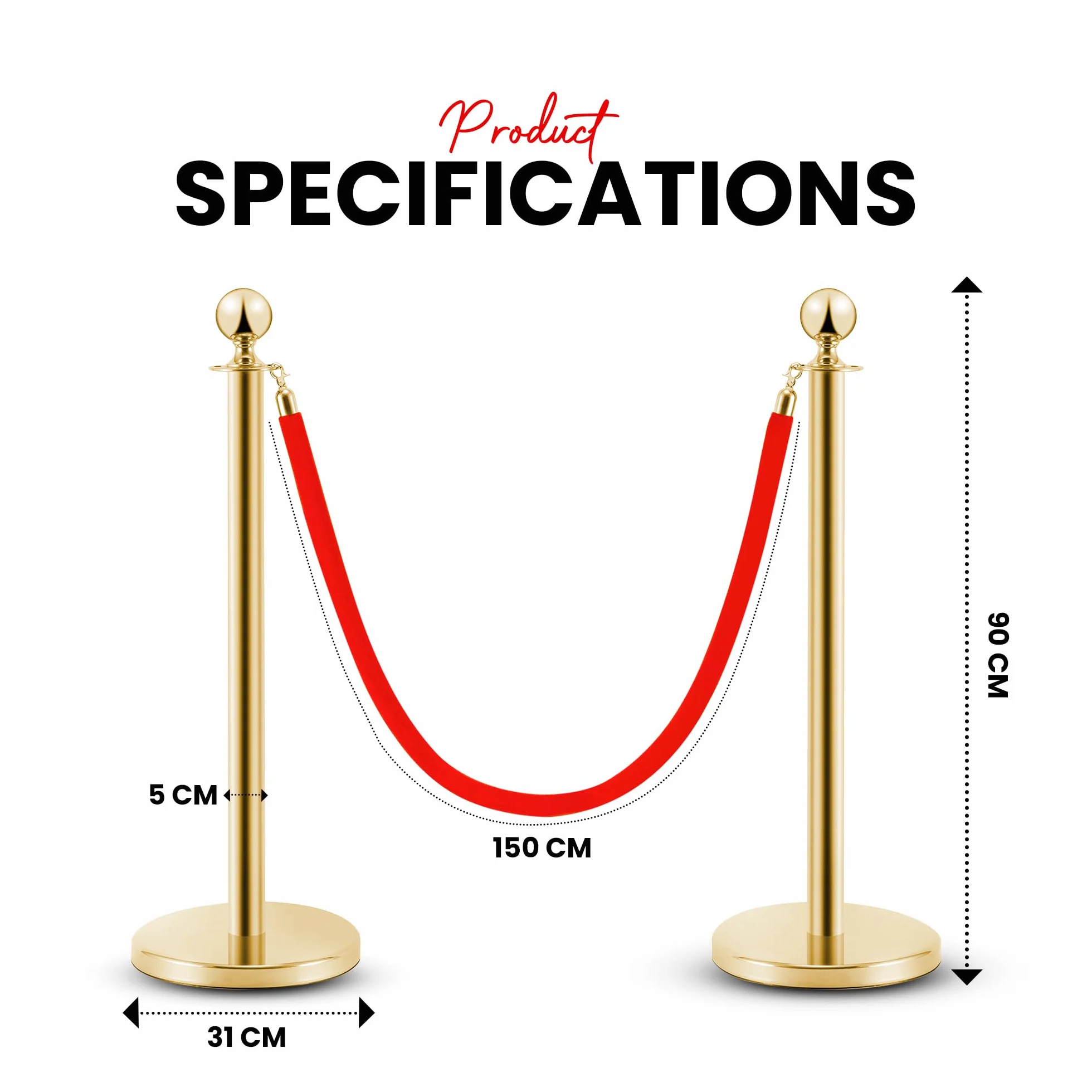 Postes Separadores de Acero Inoxidable Dorado 90 cm, 2 Piezas, con Cuerda de Terciopelo Rojo 1,5 m, Control de Multitudes