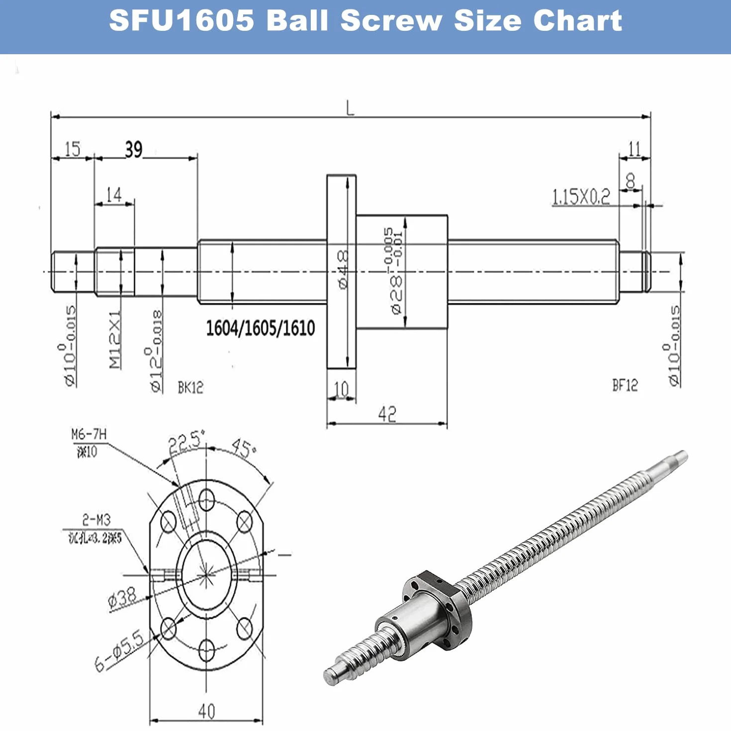 CNCMANS Husillo de bolas SFU1605 400 mm acero inoxidable BK12 BF12 acoplamiento roscado 6.35 x 10 mm DSG16H piezas CNC