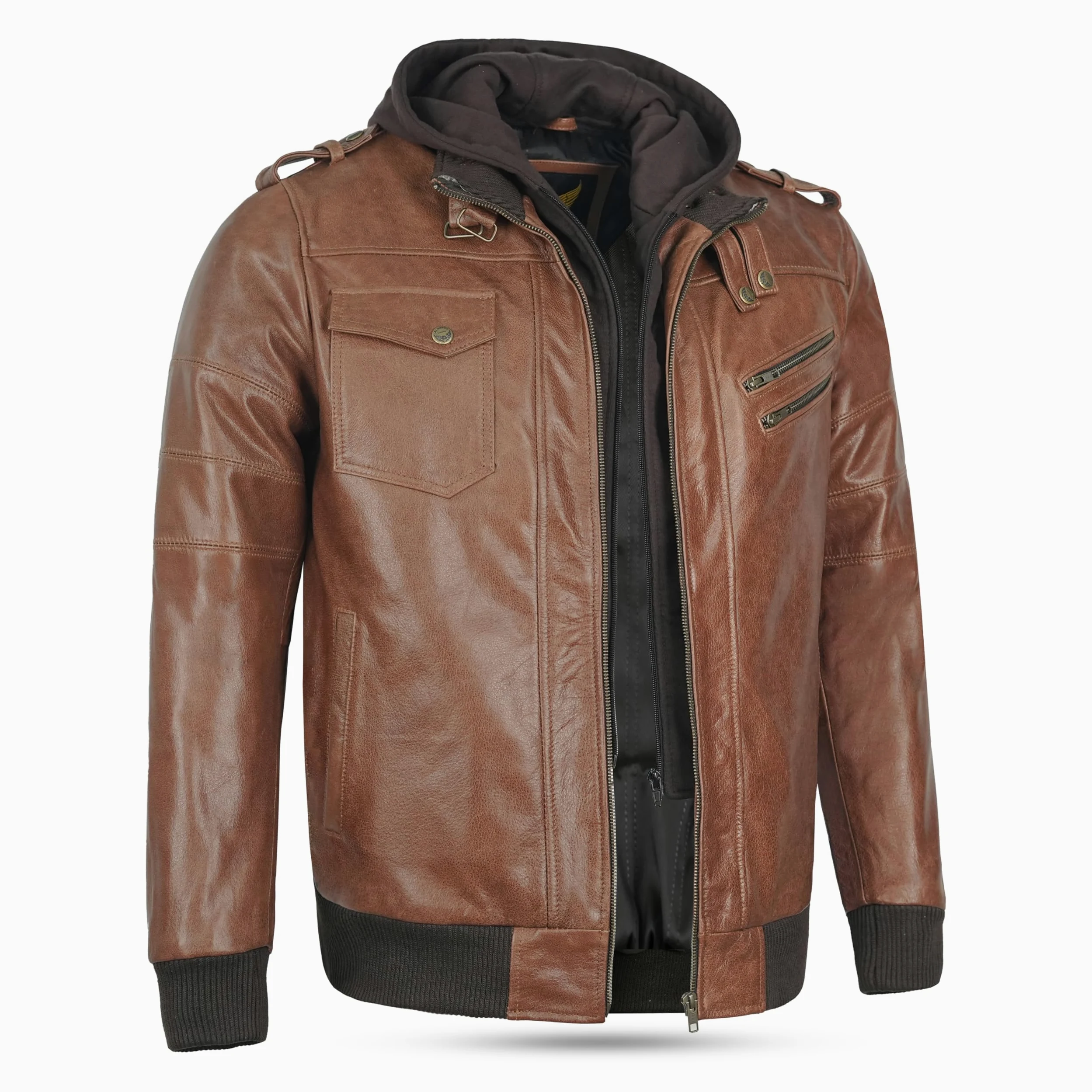 Leatherick Chaqueta de cuero Buffalo: capucha de forro polar extraíble, 7 bolsillos funcionales y cierre frontal con cremallera.