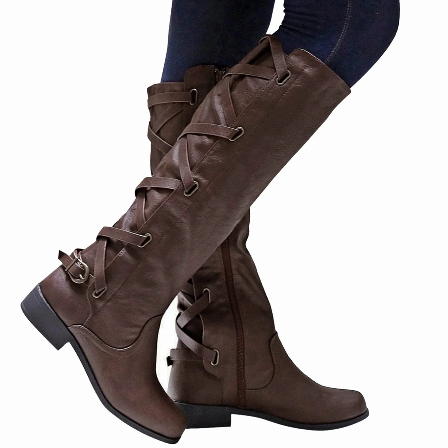 Botas hasta la Rodilla con Cordones para Mujer Botas de Nieve cálidas de Invierno Botas de Montar de Cuero para Mujer Botas de Tobillo Planas con Hebilla de cinturón para Mujer con Cremallera Lateral