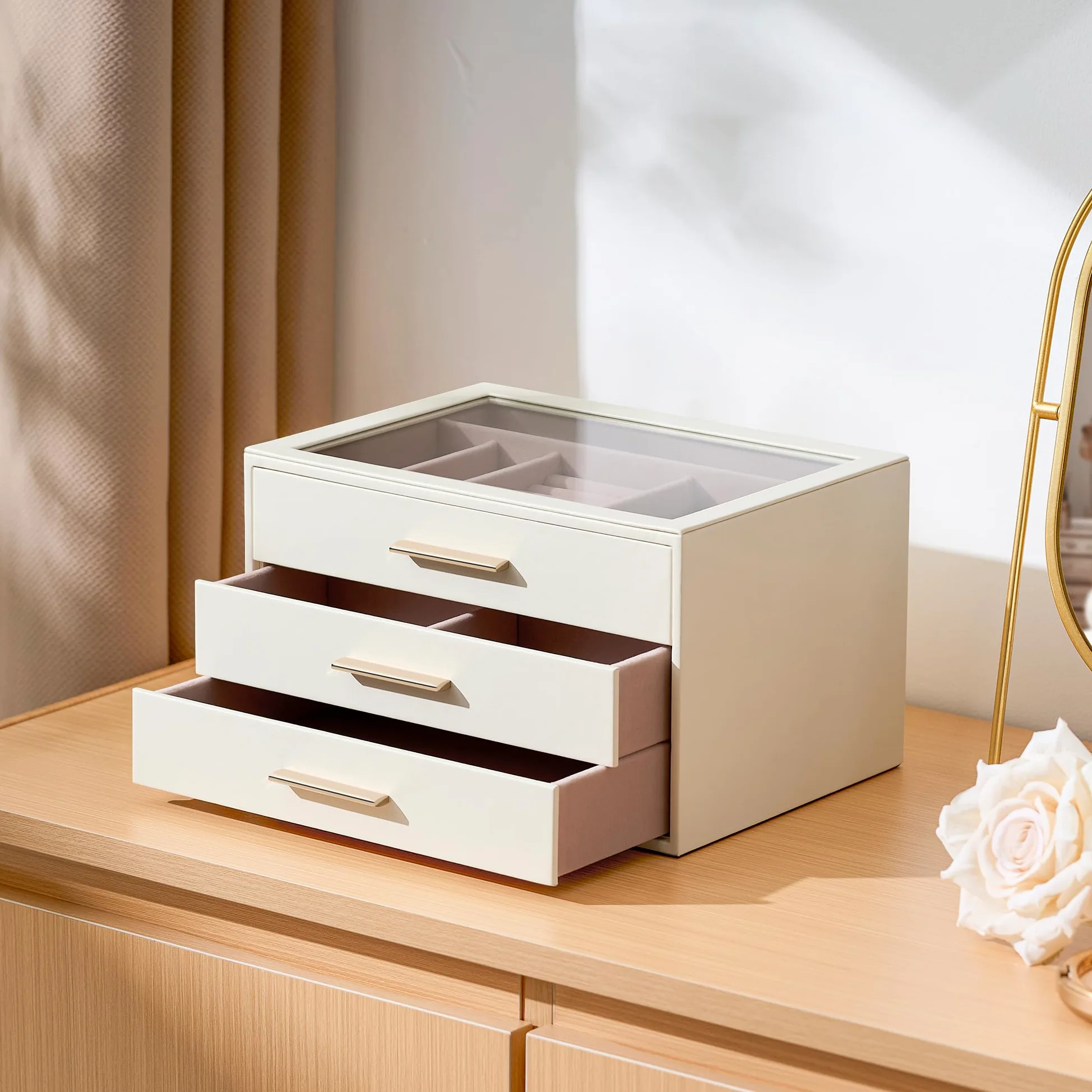 Joyero Organizador para con Ventana de Cristal, Caja Guardajoyas de 3 Capas | Cuero Blanco Marfil y Terciopelo Rosa - Estuche Organizador de Joyas para Anillos, Pendientes, Collares, Pulseras y Relojes,
