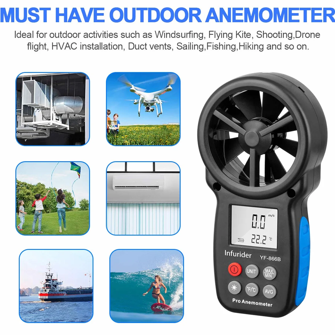 INFURIDER YF-866B Anemómetro Digital de Mano Medidor de Velocidad del Viento con Luz de Fondo
