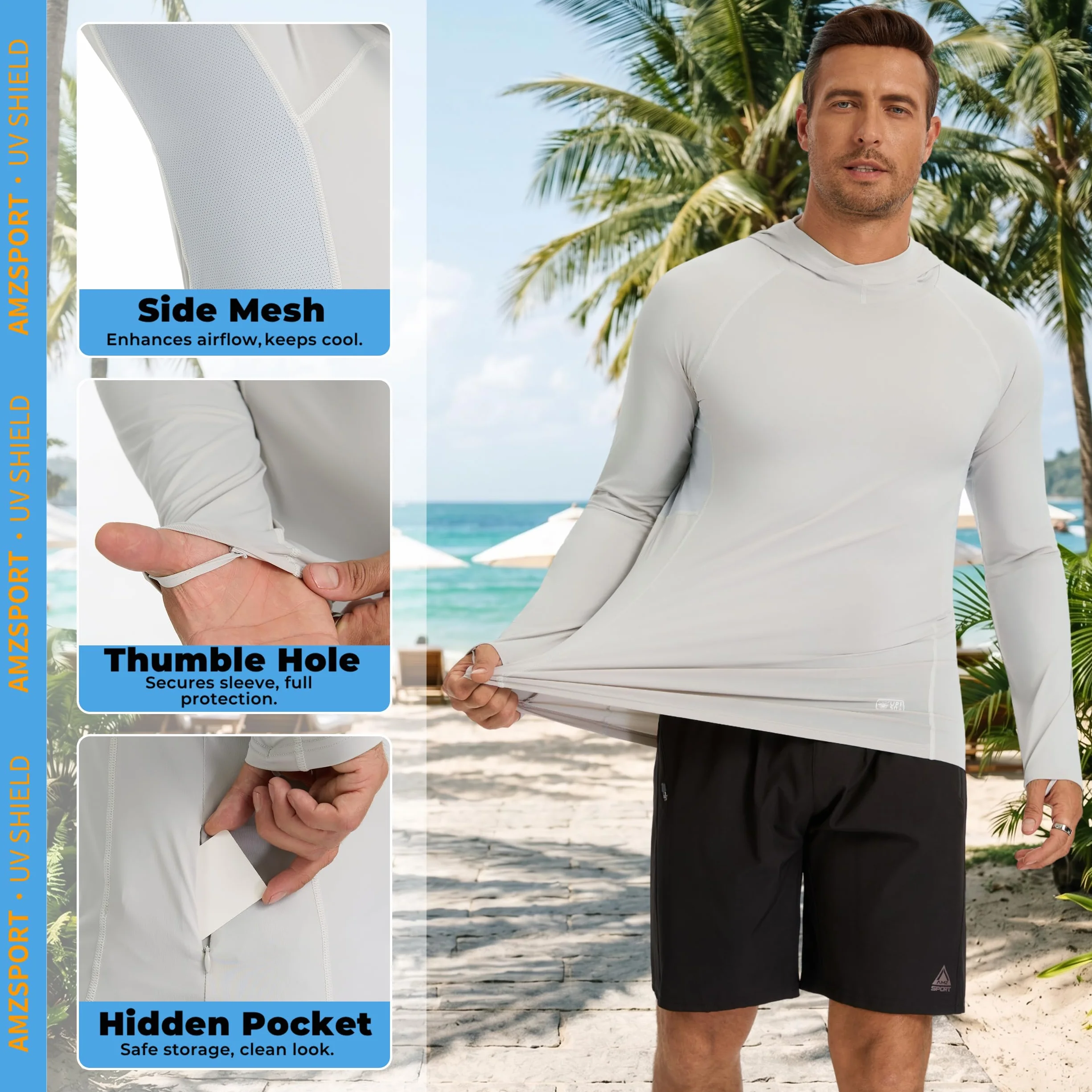 AMZSPORT Sudadera con Capucha UPF 50+ para Hombre, Camiseta de Manga Larga con Protección Solar UV, Rashguard