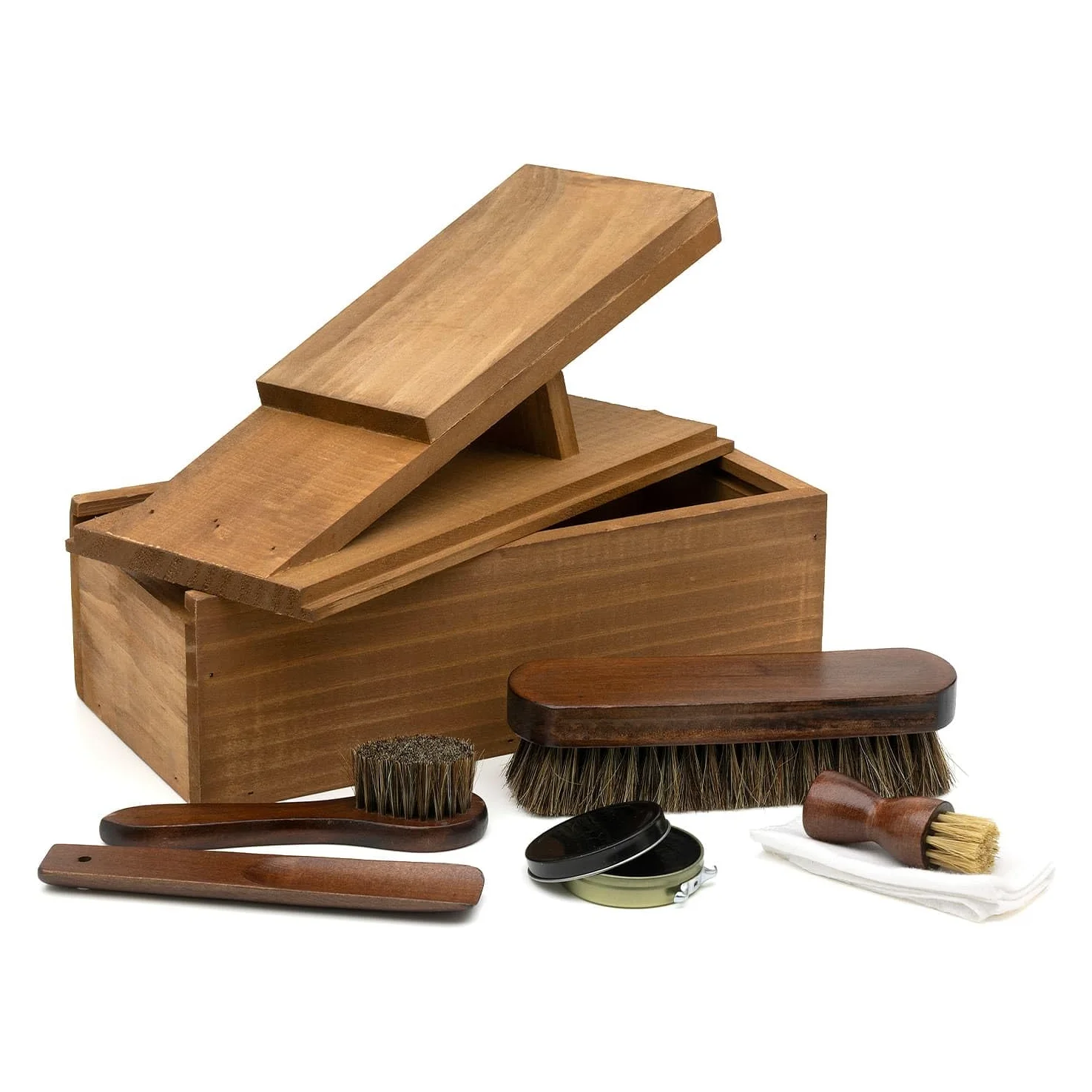 CKB LTD Kit de cuidado de zapatos – Juego portátil de brillo para zapatos de cuero en caja de madera con regalo, cepillo aplicador, cepillos de pulido, pincel, estribo, betún negro y paño de limpieza